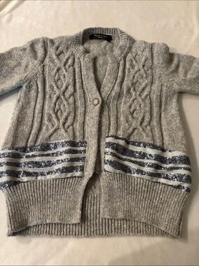 Manila Grace Gray Cable-Knit Sequin Trim Women's Sweater Cardigan Size 1